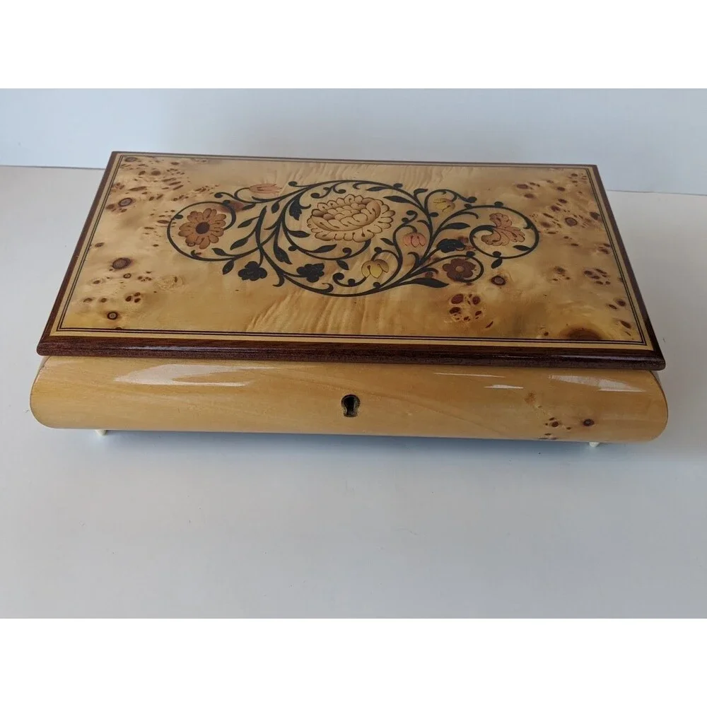Vtg Reuge Musiceerk Inlaid Wood Music Jewelry Trinket Box 6.5x10 Made In Italy